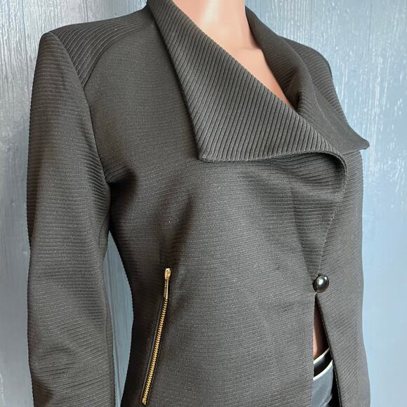 Calvin Klein Wing Collar Jacket XS Asymmetrical Moto Style Gold Zip Pockets - Picture 3 of 5